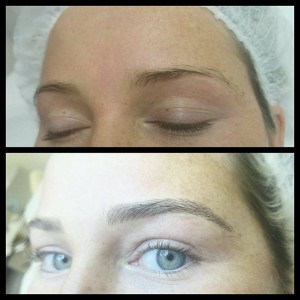 a woman eyebrows transformed by microblading, showing the before and after results.