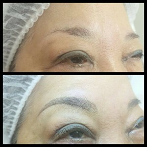 woman show eyebrow after microblading treatment