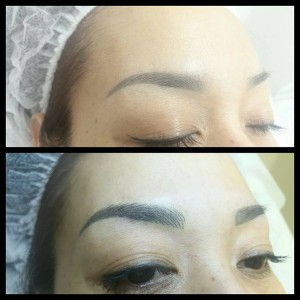 a comparison of eyebrows before and after a microblading procedure on a woman