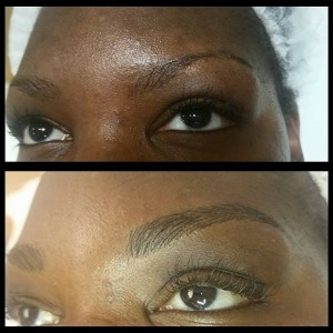 woman show eyebrows before and after microblading treatment
