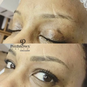 woman show eyebrows before microblading and after microblading