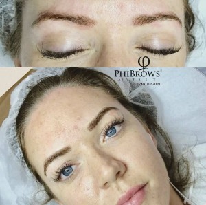 before and after microblading woman eyebrows transformed from sparse to full, enhancing her natural beauty