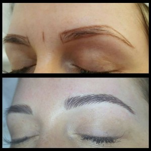 before and after microblading transformation of a woman eyebrows, enhancing their shape and fullness