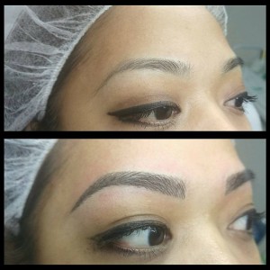 before and after natural brows on the left, filled and shaped brows on the right