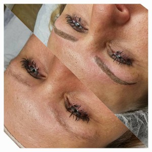 before and after microblading woman's eyebrows transformed from sparse and uneven to perfectly shaped and defined