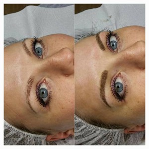 a woman blue eyes and eyebrows before and after a microblading procedure, enhancing her natural beauty