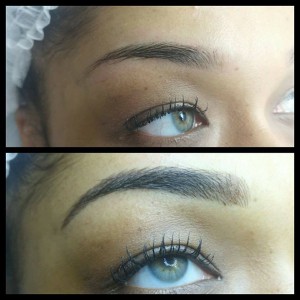 before and after of eyebrow tattooing, showing the transformation and enhancement of the eyebrows